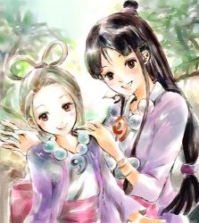 Rule 34 | 2girls, :d, ace attorney, armlet, bad anatomy, bad hands, black hair, blunt-katana, blush, bow, bracelet, breasts, brown eyes, brown hair, capcom, child, cousins, grin, hair bun, hair rings, half updo, japanese clothes, jewelry, kimono, long hair, long sleeves, looking at viewer, magatama, maya fey, multiple girls, necklace, obi, open mouth, pearl fey, pearl necklace, sash, short hair, sidelocks, small breasts, smile, teeth, upper body, very long hair, waving