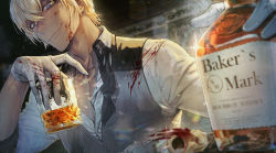 Rule 34 | 1boy, amuro tooru, black vest, blonde hair, blood, blood on clothes, blood on face, blood on hands, blue eyes, blurry, blurry foreground, bottle, collared shirt, cup, dark-skinned male, dark skin, drinking glass, foreshortening, gloves, hair between eyes, head tilt, highres, holding, holding cup, jiao mao, looking at viewer, male focus, meitantei conan, partially unbuttoned, pectoral cleavage, pectorals, shirt, short hair, smile, solo, upper body, vest, white gloves, white shirt, wine bottle, wine glass
