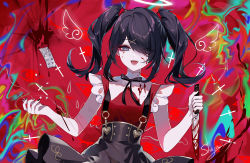 Rule 34 | 1girl, :d, absurdres, ame-chan (needy girl overdose), black hair, black nails, black skirt, blood, blood on clothes, blood on face, commentary request, grey eyes, hair over one eye, halo, highres, holding, holding knife, holding weapon, knife, long hair, looking at viewer, nail polish, needy girl overdose, open mouth, red background, red shirt, reverse grip, sheya, shirt, skirt, smile, solo, suspender skirt, suspenders, twintails, upper body, weapon