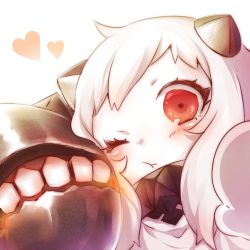 Rule 34 | &gt; o, 10s, 1girl, :t, abyssal ship, ahoge, blush, gloves, heart, horns, jiyuuto (cocyco), kantai collection, long hair, looking at viewer, mittens, northern ocean princess, one eye closed, pale skin, red eyes, solo, white hair, white mittens