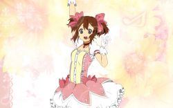 Rule 34 | 1girl, bad id, bad pixiv id, bow, brown eyes, brown hair, choker, cosplay, dress, female focus, gradient background, hair bow, hirasawa yui, k-on!, kaname madoka, kaname madoka (cosplay), magical girl, mahou shoujo madoka magica, mahou shoujo madoka magica (anime), minmii (minmi078), solo, twintails, v, white background