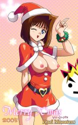 Rule 34 | 00s, 1girl, 2005, ;d, bell, belt, blonde hair, blue eyes, bracelet, breasts, brown hair, capelet, christmas, dress, dyed bangs, finger gun, fur trim, hat, heart, jewelry, large breasts, mazaki anzu, muto yugi, nipples, no bra, one eye closed, open clothes, open mouth, open shirt, pointing, polka dot, red hair, santa costume, santa hat, shirt, short dress, short hair, smile, snow, snowflakes, snowing, snowman, solo, spiked hair, wink, wreath, yami yugi, yu-gi-oh!, yu-gi-oh! duel monsters