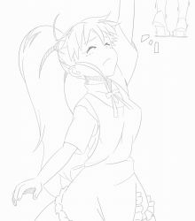 Rule 34 | 17ch, apron, closed eyes, greyscale, lineart, long hair, monochrome, multiple persona, ponytail, reaching, solo, taneshima popura, tiptoes, waitress, working!!