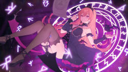 Rule 34 | 1girl, bare shoulders, bat (animal), bat wings, black dress, blurry, breasts, choker, cleavage, commentary, depth of field, detached sleeves, dress, earrings, english commentary, high heels, highres, jewelry, large breasts, long hair, low wings, magic circle, phase connect, pink eyes, pink hair, runes, runie ruse, scroll, snake earrings, solo, terupancake, thighhighs, tiara, virtual youtuber, wings