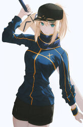 Rule 34 | 1girl, artoria pendragon (fate), baseball cap, black shorts, blonde hair, blue eyes, blue jacket, breasts, fate/grand order, fate (series), fov ps, hair between eyes, hat, holding, holding sword, holding weapon, jacket, looking at viewer, medium breasts, mysterious heroine x (fate), mysterious heroine xx (fate), ponytail, shorts, solo, sword, weapon, wristband