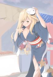 Rule 34 | 1girl, alternate costume, bad id, bad pixiv id, blonde hair, blush, breasts, character mask, cleavage, french battleship princess, highres, japanese clothes, kantai collection, kimono, large breasts, long hair, looking at viewer, mask, mole, obi, richelieu (kancolle), sash, solo, tiasis, yellow eyes