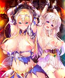 Rule 34 | 2girls, angry, armpits, arms up, blonde hair, blush, bound, braid, breasts, bukkake, castle, chikubi (artist), clenched teeth, cuffs, cum, cum on body, cum on breasts, cum on hair, cum on upper body, detached collar, diana (ingoku no himekishi shimai), facial, fire, game cg, gloves, green eyes, groin, hair ornament, hair ribbon, highres, huge breasts, ingoku no himekishi shimai: orc no kachiku naedoko, jewelry, knight, large breasts, legs, long braid, long hair, looking at viewer, low-tied long hair, multiple girls, muriel (ingoku no himekishi shimai), navel, necklace, nipples, open mouth, orc, outdoors, princess, purple eyes, rape, restrained, ribbon, single braid, sitting, slave, tears, teeth, thighs, thong, tied up, torn clothes, white hair, zion (company)