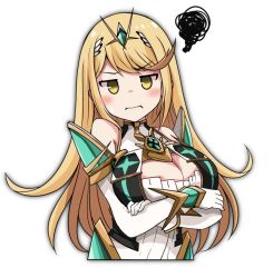 Rule 34 | 1girl, bare shoulders, blonde hair, breasts, chest jewel, cleavage, cleavage cutout, clothing cutout, dress, earrings, gloves, jewelry, kurokaze no sora, large breasts, long hair, mythra (xenoblade), short dress, solo, swept bangs, tiara, very long hair, white dress, white gloves, xenoblade chronicles (series), xenoblade chronicles 2, yellow eyes