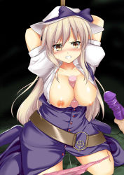 Rule 34 | 1girl, angry, bdsm, belt, between breasts, blonde hair, blush, bondage, bound, breasts, dildo, female focus, frown, hat, hoshizuki (seigetsu), large breasts, long hair, nipples, open clothes, open shirt, panties, panty pull, pussy juice, sex toy, shirt, solo, solo focus, touhou, underwear, watatsuki no toyohime, yellow eyes