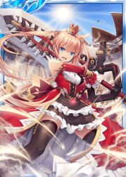 Rule 34 | 1girl, akkijin, arena, bare shoulders, blonde hair, blue eyes, breasts, brown skirt, brown thighhighs, card (medium), crown, dress, holding, holding sword, holding weapon, huge weapon, lightning, long hair, medium breasts, official art, red dress, red ribbon, ribbed dress, ribbon, serious, shinkai no valkyrie, skirt, spread legs, sun, sword, thighhighs, twintails, weapon