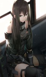 Rule 34 | 1girl, absurdres, armband, assault rifle, asymmetrical legwear, bare shoulders, belt, between legs, black hair, breasts, brown hair, buckle, closed mouth, clothes around waist, expressionless, gauntlets, girls&#039; frontline, gloves, green eyes, green hair, gun, hand between legs, headphones, highres, jacket, jacket around waist, light particles, long hair, looking at viewer, m4 carbine, m4a1 (girls&#039; frontline), m4a1 (mod3) (girls&#039; frontline), madao, mod3 (girls&#039; frontline), multicolored hair, pouch, ribbed legwear, ribbed sweater, rifle, scarf, sidelocks, sitting, strap, streaked hair, sweater, sweater vest, thighhighs, thighs, torn clothes, uneven legwear, weapon