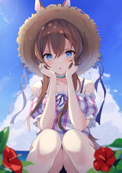 Rule 34 | 1girl, absurdres, amiya (arknights), animal ears, arknights, bare shoulders, blue choker, blue eyes, blue sky, blush, bra strap, brown hair, brown hat, choker, cloud, collarbone, day, ears through headwear, flower, frilled sleeves, frills, hands on own cheeks, hands on own face, hat, hibiscus, highres, jewelry, long hair, looking at viewer, mizu (lzzrwi603), off-shoulder shirt, off shoulder, outdoors, parted lips, plaid, plaid shirt, ponytail, rabbit ears, red flower, ring, shirt, short sleeves, sky, solo, squatting, straw hat, sunlight, v-shaped eyebrows, v arms, very long hair