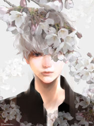 Rule 34 | 1boy, absurdres, black shirt, cherry blossoms, collared shirt, commentary request, curly hair, expressionless, flower, gradient hair, grey eyes, grey hair, highres, lips, looking at viewer, male focus, multicolored hair, nose, one eye covered, parted lips, portrait, realistic, sasaki haise, shirt, simple background, solo, tokyo ghoul, twitter username, two-tone hair, white background, wing collar, yamasaki haruta