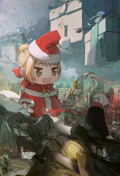 Rule 34 | 2girls, aircraft, arient5888, bell, black jacket, blonde hair, bow, bowtie, box, braid, building, candy, candy cane, capelet, chibi, christmas, cityscape, commentary, confetti, dress, english text, fate/extra, fate (series), food, french braid, fur-trimmed capelet, fur-trimmed dress, fur-trimmed headwear, fur trim, giant, giantess, gift, gift box, green eyes, hair bun, hair ornament, hairclip, hat, helicopter, highres, holding, holding candy, holding candy cane, holding food, holding sack, jacket, light, long sleeves, looking afar, looking at another, medium hair, meme, merry christmas, multiple girls, nero claudius (fate), nero claudius (fate) (all), nero claudius (fate/extra), open mouth, outdoors, padoru (meme), red bow, red bowtie, red capelet, red dress, red eyes, red headwear, red scarf, sack, santa costume, santa dress, santa hat, scarf, shoes, sidelocks, single hair bun, sitting, smile, sneakers, white footwear, white hair, wide sleeves