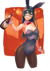 Rule 34 | 10s, 1girl, alternate costume, animal ears, armpits, bare shoulders, black-framed eyewear, black hair, black pantyhose, blush, bottle, bow, bowtie, breasts, cleavage, closed mouth, commentary request, cowboy shot, detached collar, fake animal ears, glasses, green eyes, hair between eyes, hairband, highres, holding, holding bottle, kantai collection, leotard, long hair, looking at viewer, medium breasts, ooyodo (kancolle), orange background, pantyhose, playboy bunny, rabbit ears, red bow, red bowtie, semi-rimless eyewear, sideboob, simple background, smile, solo, under-rim eyewear, white background, wrist cuffs, yuuji (and)