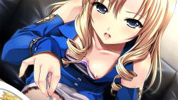 Rule 34 | 00s, 1girl, :o, blonde hair, blue eyes, bra, breasts, close-up, detached sleeves, downblouse, drill hair, dutch angle, eating, food, game cg, indoors, kedouin eri, long hair, nipple slip, nipples, open mouth, saxasa kisuk, small breasts, solo, underwear, yakin byoutou, yakin byoutou zero
