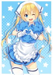 Rule 34 | 1girl, ;d, akishisu (air balance), apron, blend s, blonde hair, blue background, blue eyes, blue shirt, blue skirt, blush, breasts, collared shirt, commentary request, frilled apron, frills, gloves, hair between eyes, halftone, head scarf, head tilt, heart, heart hands, hinata kaho, long hair, looking at viewer, medium breasts, one eye closed, open mouth, pleated skirt, puffy short sleeves, puffy sleeves, shirt, short sleeves, sidelocks, skirt, smile, solo, standing, star (symbol), stile uniform, teeth, thighhighs, twintails, uniform, upper teeth only, very long hair, waist apron, waitress, white apron, white gloves, white thighhighs