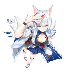 Rule 34 | 1girl, absurdres, aircraft, airplane, animal ears, azur lane, blue eyes, blue skirt, boots, breasts, character name, choker, chrysanthemum, cleavage, copyright name, english text, flight deck, flower, fox ears, fox mask, fox tail, from above, full body, highres, japanese clothes, kaga (azur lane), kimono, looking at viewer, looking up, mask, medium breasts, miniskirt, multiple tails, pleated skirt, short hair, silver hair, simple background, skirt, smile, solo, tail, white background, white footwear, wide sleeves, wristband, yossui