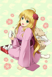Rule 34 | 1girl, :d, blonde hair, earrings, flower, food, food on face, full body, green eyes, hair flower, hair ornament, hoshii miki, huyumitsu, idolmaster, idolmaster (classic), japanese clothes, jewelry, kimono, long hair, looking at viewer, mouth hold, obi, onigiri, open mouth, pink kimono, red flower, sash, sheep, sitting, smile, solo, very long hair, white legwear