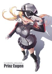 Rule 34 | 1girl, absurdres, aqua eyes, bad anatomy, bad perspective, black skirt, black thighhighs, blonde hair, candy, character name, dawn02, food, gloves, hat, highres, kantai collection, lollipop, long hair, long sleeves, low twintails, military, military uniform, open mouth, peaked cap, pleated skirt, prinz eugen (kancolle), skirt, smile, solo, thighhighs, tsurime, twintails, uniform, white gloves