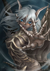 Rule 34 | 1girl, blue eyes, claws, colored skin, dragon girl, dragon horns, dragon tail, dragon wings, grey hair, grey skin, horns, kushala daora, maxa&#039;, monster girl, monster hunter (series), open mouth, personification, scales, solo, tail, teeth, wind, wings