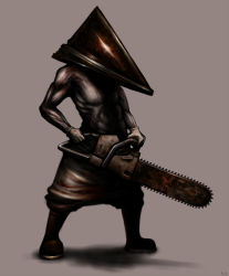Rule 34 | 1boy, blood, blood on clothes, blood stain, brown footwear, chainsaw, commentary request, full body, gia, gloves, grey background, holding, legs apart, male focus, pants, pyramid head, shoes, signature, silent hill, silent hill (series), simple background, solo, standing, topless male
