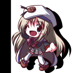 Rule 34 | 1girl, blue eyes, bow, buttons, cape, chibi, fictional sister, hat, large buttons, little busters!, long hair, noumi kudryavka, one eye closed, pink bow, solo, wink