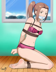Rule 34 | 1girl, absurdres, barefoot, bdsm, bikini, bondage, bound, bound ankles, bound wrists, breast bondage, breasts, brown eyes, brown hair, cleavage, cloth gag, digimon, digimon adventure tri., gag, gagged, highres, improvised gag, legs, looking at viewer, medium breasts, navel, over the mouth gag, pink bikini, ponytail, rope, shadow xcp, solo, swimsuit, tachikawa mimi, thighs, variant set