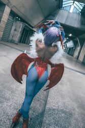 Rule 34 | 1girl, ass, bare shoulders, bat wings, cosplay, head out of frame, highres, leotard, lilith aensland, lilith aensland (cosplay), long sleeves, negoto sheep, photo (medium), purple hair, real life, short hair, solo, thong leotard, vampire (game), wings