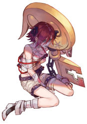 Rule 34 | a.b.a, bandaged arm, bandaged chest, bandaged leg, bandages, blood, blood on clothes, bloody weapon, chain, full body, guilty gear, guilty gear xx, hair between eyes, hungry clicker, key, key in head, object through head, on floor, orange hair, paracelsus (guilty gear), short hair, shorts, sitting, stitched mouth, stitches, wariza, weapon, white background
