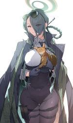 Rule 34 | 1girl, absurdres, black gloves, blue archive, breasts, cat, coat, coat on shoulders, coat partially removed, dragon print, eyewear on head, gloves, green hair, hair over one eye, halo, high-waist pants, highres, jacket, jjjsss, large breasts, long hair, looking at viewer, magazine (weapon), mina (blue archive), necktie, pants, pinstripe jacket, pinstripe pattern, red eyes, striped clothes, striped jacket, sunglasses, vertical-striped clothes, vertical-striped jacket