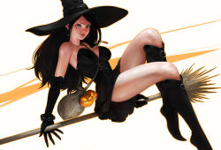 Rule 34 | 1girl, bag, black footwear, black hair, boots, broom, broom riding, earrings, elbow gloves, gloves, hat, jack-o&#039;-lantern, jewelry, knee boots, long hair, necklace, realistic, skirt, solo, syar, syar page, witch, witch hat