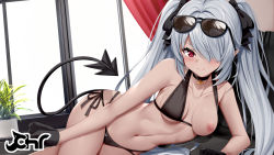 Rule 34 | 1girl, bare shoulders, bikini, black bikini, black bow, black choker, black gloves, blue archive, blush, bow, breasts, choker, chrisandita, cleavage, closed mouth, collarbone, dark-skinned female, dark skin, demon tail, eyewear on head, gloves, hair bow, hair over one eye, indoors, iori (blue archive), iori (swimsuit) (blue archive), long hair, looking at viewer, lying, medium breasts, multi-strapped bikini bottom, navel, nipples, on side, one breast out, plant, pointy ears, potted plant, red eyes, silver hair, solo, stomach, sunglasses, swimsuit, tail, twintails, v-shaped eyebrows, very long hair, window
