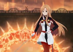 Rule 34 | 2girls, asuna (sao), blurry, blurry background, brown eyes, brown hair, dusk, floating hair, gloves, highres, holding, holding sword, holding weapon, long hair, multiple girls, outdoors, pants, pantyhose, rapier, red pants, sheath, solo focus, standing, sword, sword art online, sword art online the movie: ordinal scale, very long hair, weapon, white gloves, xingye you xia, yuna (sao)