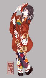 Rule 34 | 1girl, bell, commentary request, flipped hair, fox mask, fox shadow puppet, full body, grey background, highres, holding, holding mask, japanese clothes, jingle bell, kimono, long sleeves, looking at viewer, mask, original, pigeon-toed, platform clogs, purple eyes, rope, sandals, simple background, solo, standing, usamochi., usamochi (7290381), white legwear, wide sleeves