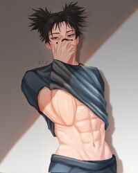 Rule 34 | 1boy, abs, black eyes, black hair, blue shirt, choso (jujutsu kaisen), clothes lift, covering own mouth, guilty challenge (meme), hand over own mouth, highres, jujutsu kaisen, male focus, meme, muscular, muscular male, navel, pants, shirt, shirt lift, short hair, solo, stomach, stv viz, twintails