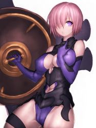 Rule 34 | 1girl, bare shoulders, breasts, elbow gloves, fate/grand order, fate (series), fumio (rsqkr), gloves, hair over one eye, large breasts, leotard, looking at viewer, mash kyrielight, parted lips, pink hair, purple eyes, purple gloves, purple leotard, shield, short hair, simple background, solo
