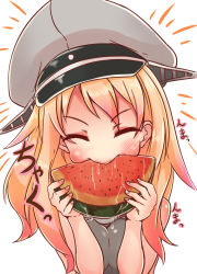 Rule 34 | 10s, 1girl, bad id, bad nicoseiga id, bismarck (kancolle), blush, commentary request, eating, closed eyes, food, fruit, hat, highres, kantai collection, long hair, okuva, peaked cap, solo, watermelon, white background