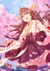 Rule 34 | 10s, 1girl, ahoge, bad id, bad pixiv id, blue sky, brown eyes, brown hair, brown thighhighs, cherry blossoms, day, hair ornament, hairband, highres, japanese clothes, kantai collection, kimono, kongou (kancolle), long hair, long sleeves, open mouth, personification, petals, re lucy, sash, sky, smile, solo, thighhighs, torii, tree, very long hair, wading, water, wide sleeves, yukata