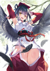 Rule 34 | ario, armpits, bare shoulders, black wings, branch, convenient censoring, crotchless, crotchless pants, detached sleeves, from below, hair between eyes, hair rings, japanese clothes, nijisanji, no panties, obi, outdoors, pants, red headwear, red sleeves, sash, solo, thighs, virtual youtuber, wings, yamagami karuta, yellow eyes