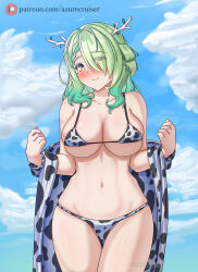 Rule 34 | 1girl, absurdres, animal print, antlers, azurecruiser, bikini, blue sky, blush, braid, braided bangs, branch, breasts, ceres fauna, cleavage, cloud, cloudy sky, cow print, cow print bikini, green hair, hair over one eye, highres, hololive, hololive english, horns, jacket, large breasts, looking at viewer, mole, mole under eye, navel, patreon logo, patreon username, print bikini, removing jacket, sky, smile, swimsuit, underboob, upper body, virtual youtuber, yellow eyes