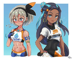 Rule 34 | 2girls, :d, abs, armlet, bare shoulders, bea (pokemon), bea (pokemon) (cosplay), bikini, black bodysuit, black hair, black hairband, blue background, blue eyes, blue gloves, blue hair, blue shorts, blush, bodysuit, bodysuit under clothes, breasts, clothes writing, collarbone, collared shirt, commentary request, cosplay, costume switch, covered navel, creatures (company), dark-skinned female, dark skin, earrings, game freak, gloves, grey eyes, grey hair, gym leader, hair between eyes, hair bun, hairband, hand on own hip, hoop earrings, jewelry, long hair, looking at viewer, looking down, medium breasts, midriff, motion lines, multicolored hair, multiple girls, navel, necklace, nessa (pokemon), nessa (pokemon) (cosplay), nintendo, nose blush, open mouth, orange gloves, pokemon, pokemon swsh, print shorts, shirt, short hair, short sleeves, shorts, sidelocks, signature, simple background, single glove, single hair bun, small breasts, smile, sparkle, sportswear, swimsuit, tankini, tied shirt, toned, translation request, two-tone gloves, two-tone hair, upper body, wakaba (wata ridley)