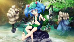 Rule 34 | 1girl, aqua eyes, backpack, bag, balancing, barefoot, battery, blue eyes, blue hair, blush, branch, breasts, can, cattail, unworn clothes, collarbone, cucumber, draw-till-death, extra arms, flashlight, food, forest, fruit, gloves, hair bobbles, hair ornament, jewelry, kawashiro nitori, key, key necklace, lake, leaf, matching hair/eyes, mechanic, mechanical, mechanical arms, medium breasts, mirror, motherboard, mouth hold, nature, navel, necklace, plant, plate, pond, rock, screw, screwdriver, serious, unworn shirt, short hair, short shorts, shorts, sitting, sitting on rock, soda, soles, solo, topless, touhou, tree, tsurime, twintails, two side up, vegetable, water, white gloves, wrench