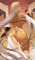 Rule 34 | ass, bikini, black bikini, blue eyes, breasts, chain, collar, crown, cuffs, dark-skinned female, dark skin, earrings, elbow gloves, ethan69 (anhuzart), fate/grand order, fate (series), gloves, gold chain, grey hair, jewelry, large breasts, long hair, looking at viewer, looking back, shackles, swimsuit, tan, thong, torn clothes, zenobia (fate)