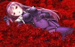 Rule 34 | 1girl, black panties, bodysuit, breasts, breasts apart, covered navel, fate/grand order, fate (series), flower, hand on own chest, large breasts, lipstick, long hair, looking at viewer, lying, makeup, on back, panties, purple hair, red eyes, red flower, red lips, sakurai sakurako, scathach (fate), scathach (fate), solo, spider lily, underwear