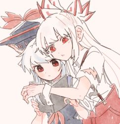 Rule 34 | 2girls, :t, arm up, blue hair, blunt bangs, book, bow, cheek press, closed mouth, collared shirt, dot nose, expressionless, from side, fujiwara no mokou, hair bow, half updo, hands up, hat, heads together, high-waist pants, holding, holding book, hug, hug from behind, itomugi-kun, kamishirasawa keine, light blue hair, long hair, multiple girls, narrowed eyes, neckerchief, open book, pale color, pants, pink background, reading, red eyes, red neckerchief, red pants, shirt, shirt tucked in, short sleeves, simple background, suspenders, tokin hat, torn clothes, torn sleeves, touhou, upper body, w arms, white bow, white hair, white shirt, wrist cuffs