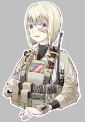 Rule 34 | alma01, american flag, ammunition pouch, bandage on face, bandages, bandaid, bandaid on face, bob cut, buckle, cable, colored eyelashes, load bearing equipment, load bearing vest, looking at viewer, magazine (weapon), military, original, pouch, radio, snap-fit buckle, solo