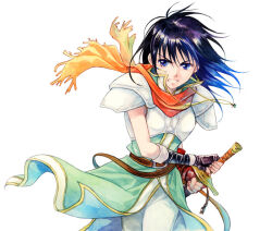 Rule 34 | 1girl, agahari, armor, black hair, blue eyes, breastplate, character request, fingerless gloves, fire emblem, fire emblem: thracia 776, gloves, holding, holding sword, holding weapon, jewelry, mareeta (fire emblem), necklace, nintendo, pauldrons, scarf, shoulder armor, simple background, solo, sword, weapon, white background