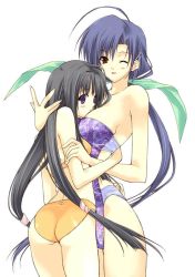 Rule 34 | 1990s (style), 2girls, ;d, ahoge, arm grab, ass, back, bare shoulders, bikini, black hair, blue eyes, blue hair, blush, breast smother, breasts, brown eyes, casual one-piece swimsuit, earrings, embarrassed, face to breasts, flat chest, from behind, hair ornament, hair ribbon, hairclip, hug, jewelry, kimishima nana, kinoshita takako, large breasts, long hair, looking back, multiple girls, one-piece swimsuit, one eye closed, open mouth, orange eyes, pia carrot (series), pia carrot e youkoso!!, pia carrot e youkoso!! 3, ponytail, purple eyes, retro artstyle, ribbon, scrunchie, simple background, smile, straight neck, suzuhira hiro, swimsuit, takako, thigh gap, twintails, very long hair, wink, yuri
