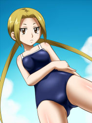 Rule 34 | 1girl, awa, blonde hair, blue sky, blue one-piece swimsuit, blush, breasts, brown eyes, cloud, competition school swimsuit, competition swimsuit, cowboy shot, dutch angle, from below, frown, hagimura suzu, hair intakes, long hair, looking at viewer, looking down, one-piece swimsuit, outdoors, school swimsuit, seitokai yakuindomo, sky, solo, standing, swimsuit, twintails